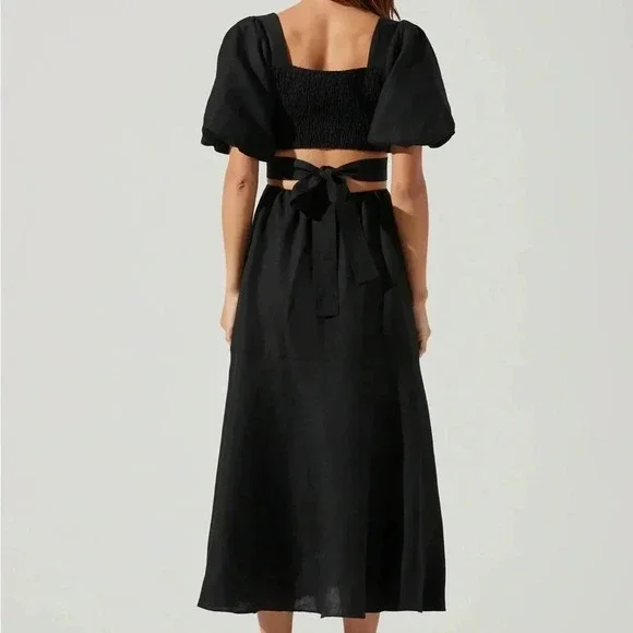 ASTR THE LABEL NWT Black Linen MIDI Cut Out Puff Sleeve Angeles Dress M - Picture 4 of 10
